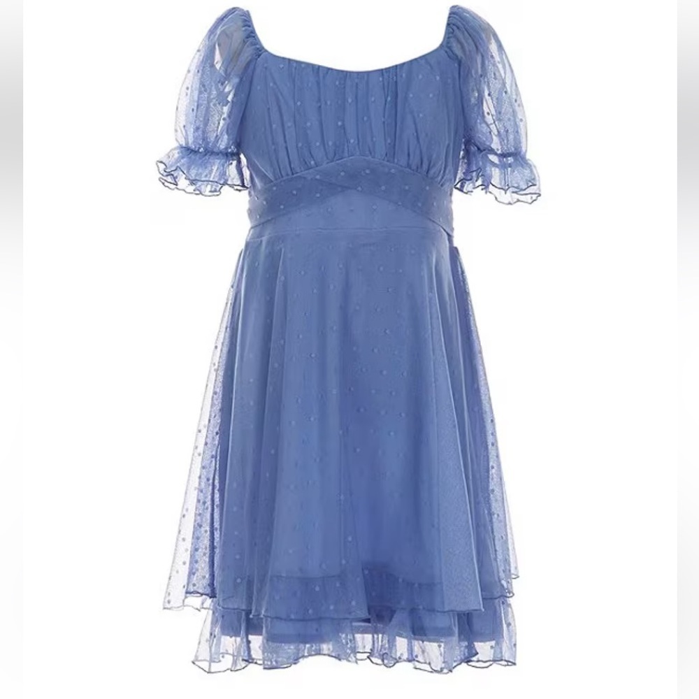 Allison & Kelly Clip Dot Puff Sleeve Double Hem Dress Blue Small lace Juniors 14